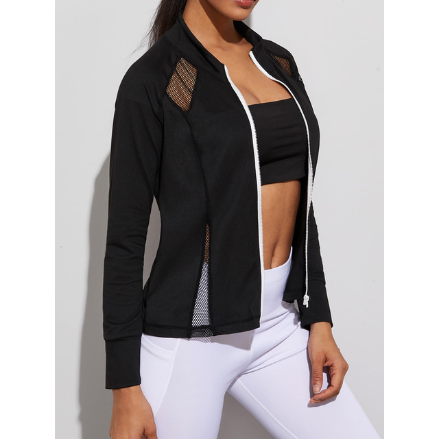  Women's Stand Collar Yoga Top Winter Zipper Pocket Solid Color Black+White Yoga Fitness Gym Workout Jacket Top Long Sleeve Sport Activewear Breathable Quick Dry Comfortable High Elasticity Slim