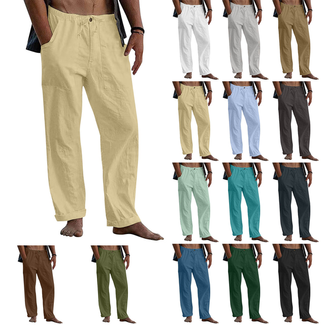  Men's Cotton Linen Drawstring Elastic Waist Pants  Casual Loose Beach Straight-Legs Yoga Pants Summer Quick Dry Lightweight Breathable Bottoms
