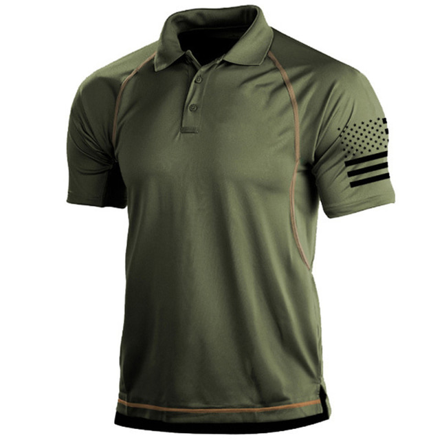  Men's Outdoor American Flag Tactical Sport PoLo Neck T-Shirt Tee shirt Tactical Military Shirt Short Sleeve V Neck Top Vintage Graphic Tees Quick Dry Lightweight Summer Cotton Blend Army Green Khaki