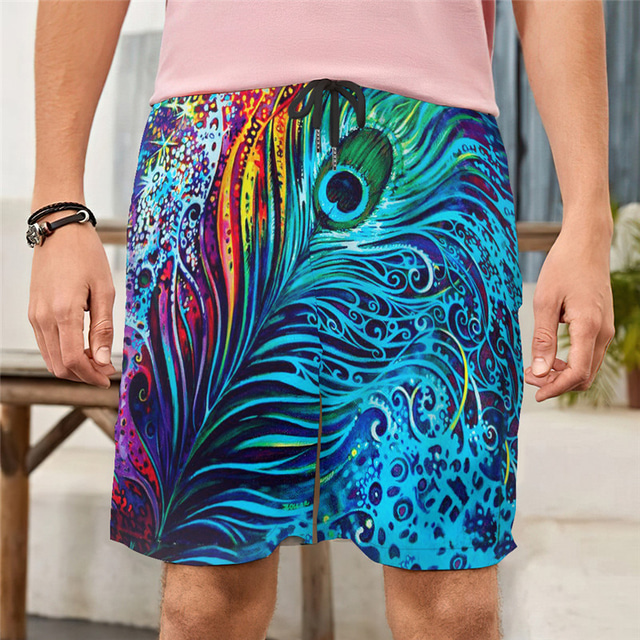  Men's Swim Trunks Swim Shorts Board Shorts Swimwear 3D Print Elastic Drawstring Design Swimsuit Comfort Soft Beach Graphic Patterned Feather Casual Fashion Streetwear Blue / Mid Waist