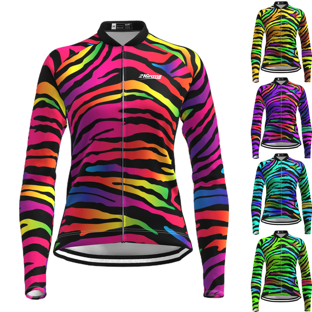  21Grams Women's Cycling Jersey Long Sleeve Mountain Bike MTB Road Bike Cycling Graphic Zebra Jersey Top Yellow Blue Purple Spandex Breathable Moisture Wicking Reflective Strips Sports Clothing Apparel