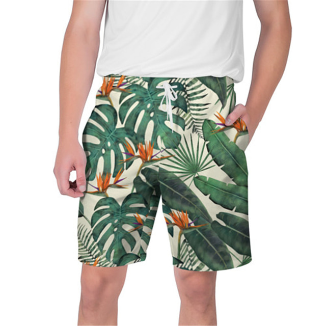  Herr Badshorts Boardshorts Badkläder 3D-utskrift Elastisk dragsko-design Strand Växter Grafisk Löv Sommar / Medium Midja
