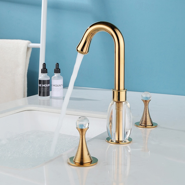  Gold Two Handle High Arc Widespread Bathroom Sink Faucet 3 Hole with Solid Brass Body Widespread Bathroom Faucet