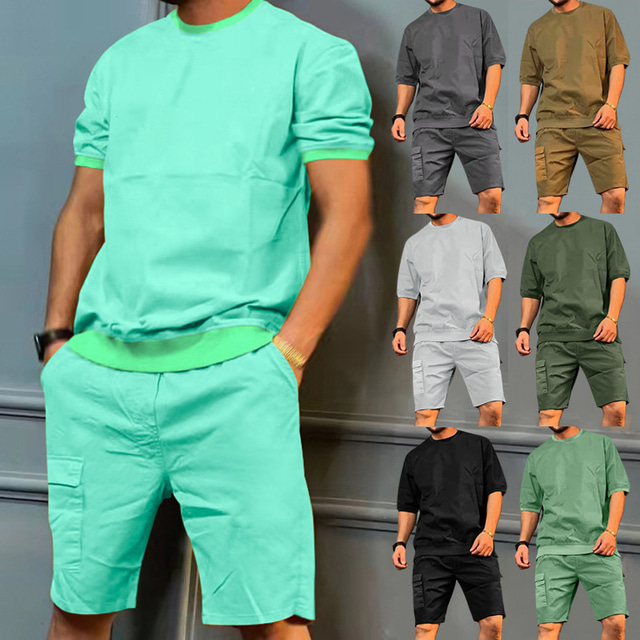  男性用 Tシャツスーツ テニスシャツ 純色 クルーネック ストリート カジュアル 半袖 トップの カジュアル ファッション 高通気性 快適 ブラック ライトグリーン アーミーグリーン
