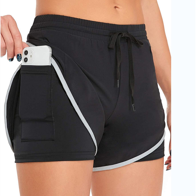  Women's Yoga Shorts Workout Shorts High Waist Spandex Black Gray Dark Navy Shorts Bottoms Solid Color Tummy Control Butt Lift 2 in 1 Back Pocket Clothing Clothes Yoga Fitness Gym Workout Pilates