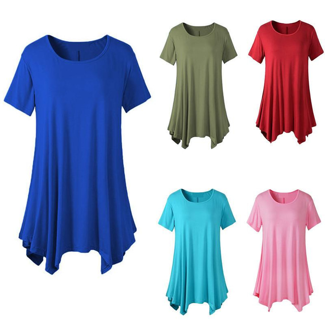  трансграничная женская летняя футболка средней длины с короткими рукавами большого размера, свободная рубашка с круглым вырезом, однотонная рубашка с низом