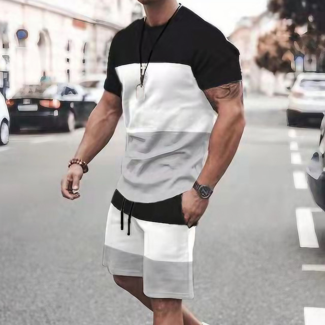  男性用 Tシャツスーツ テニスシャツ カラーブロック クルーネック ストリート カジュアル ドローストリング 半袖 トップの カジュアル ファッション 高通気性 快適 ホワイト ブラック ブルー