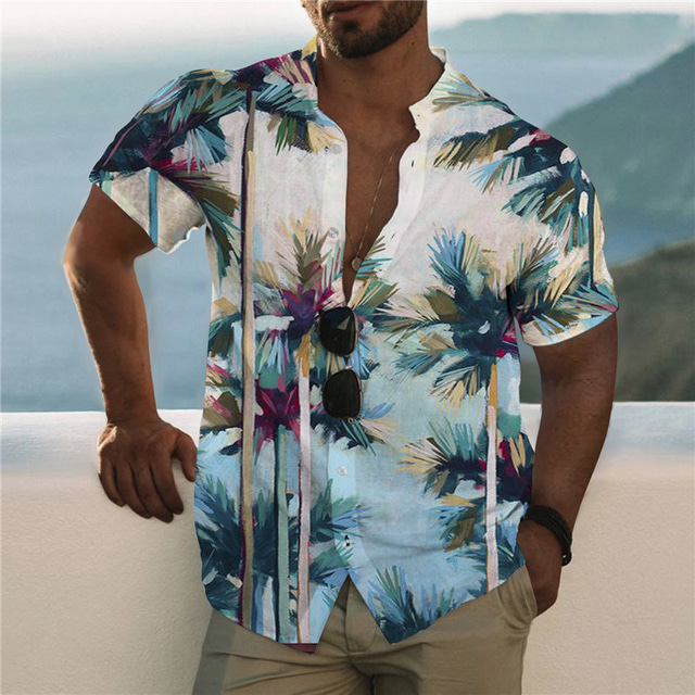  Men's Shirt Summer Hawaiian Shirt Print Aloha Coconut Tree Stand Collar Street Casual Button-Down Print Short Sleeve Tops Designer Casual Fashion Breathable Black / White Blue Army Green