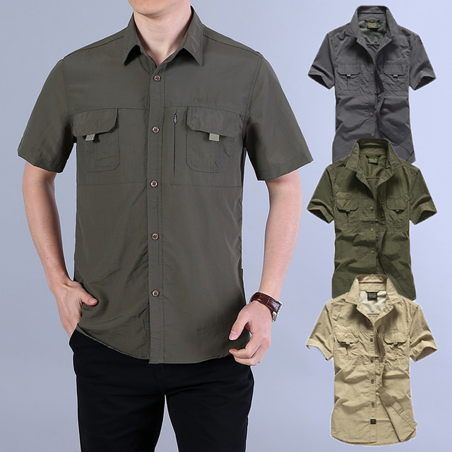  Men's Hiking Shirt Short Sleeve Shirt Top Outdoor Breathable Quick Dry Multi Pockets Sweat wicking POLY Army Green Grey Khaki Traveling