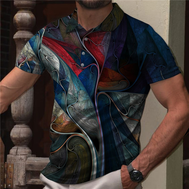  男性用 ポロシャツ Tシャツ ゴルフシャツ 3Dプリント 勾配 折襟 カジュアル 日常 ボタンダウン プリント 半袖 トップの デザイナー カジュアル ファッション 高通気性 グリーン ブルー グレー