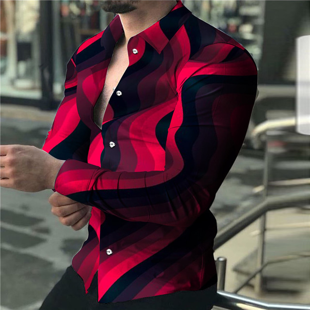  Men's Shirt Graphic Shirt Gradient Turndown Red Blue Orange Dark Gray 3D Print Outdoor Street Long Sleeve Print Button-Down Clothing Apparel Fashion Designer Casual Breathable