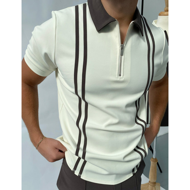  Men's Polo Shirt T shirt Tee Golf Shirt Fashion Casual Breathable Summer Short Sleeve Sea Blue Beige White Striped Print Turndown Casual Daily Zipper Print Clothing Clothes Fashion Casual Breathable