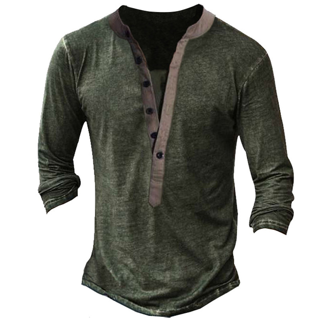  Men's Henley Shirt T shirt Solid Color Henley Street Casual Button-Down Long Sleeve Tops Basic Vintage Classic Comfortable Green