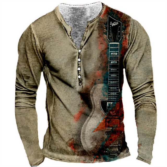  Men's Henley Shirt T shirt Tee Designer 1950s Long Sleeve Graphic Patterned Guitar 3D Print Plus Size Henley Daily Sports Button-Down Print Clothing Clothes Designer Basic 1950s Yellow Khaki
