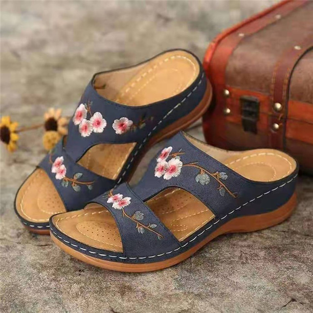  sandálias femininas com bordados florais – sapatos casuais de verão com biqueira aberta e sola confortável para caminhadas ao ar livre