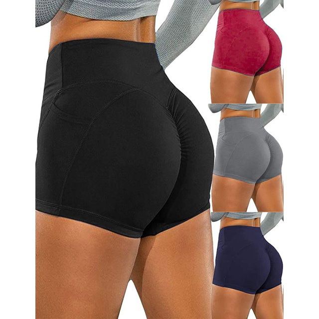 Mujer Pantalones cortos de yoga Scrunch Butt Bolsillos laterales Bermudas Control de barriga Levantamiento de tope Moda Azul Gris Borgoña Yoga Aptitud física Entrenamiento de gimnasio Verano Deportes