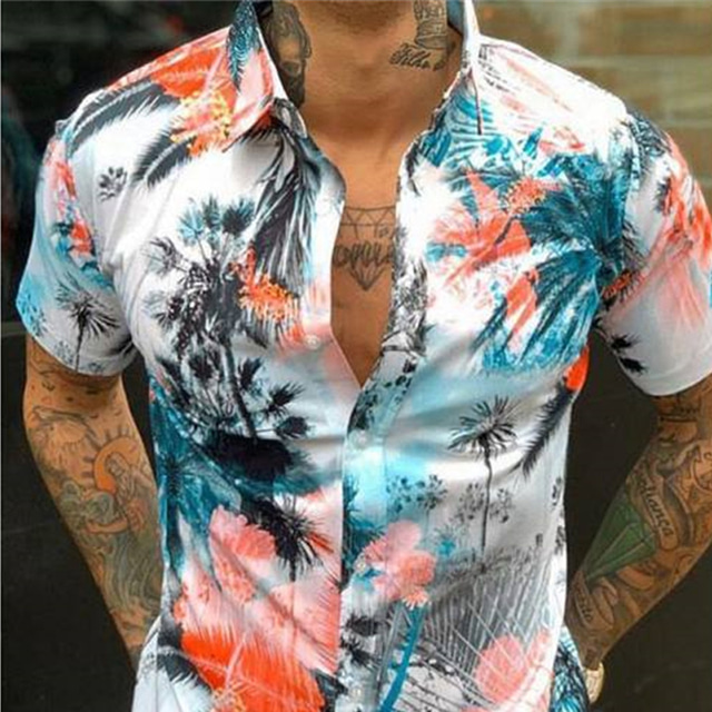  Муж. Рубашка Гавайская рубашка Летняя рубашка Графика Цветочный принт Гавайский Алоха Дизайн Отложной Черный / Белый Темно синий Коричневый Зеленый Цвет радуги С принтом на открытом воздухе Для улицы