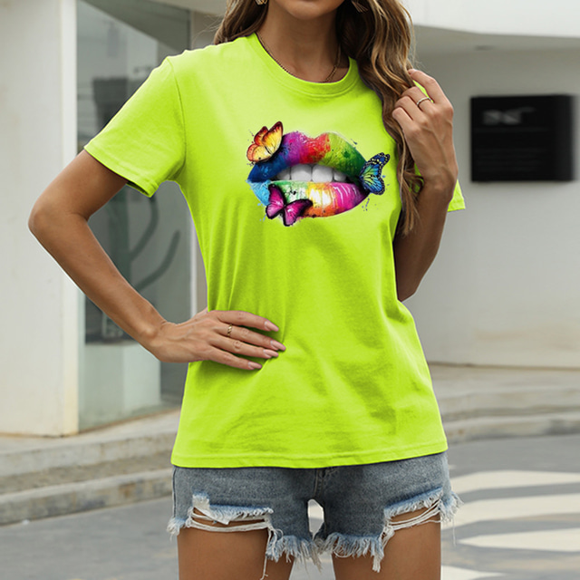  Women's T shirt Tee Graphic Lip Casual Going out T shirt Tee Short Sleeve Print Round Neck Basic Green White Black S