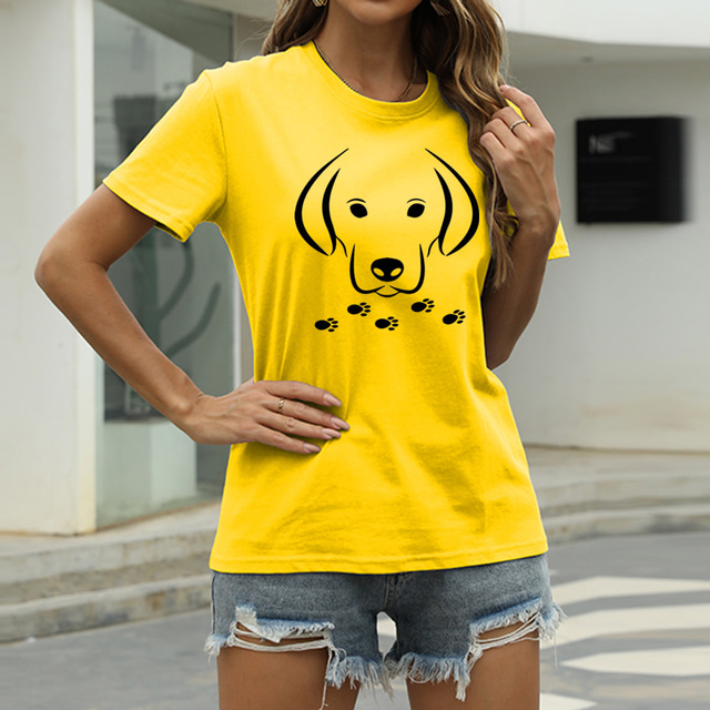  Dame Afslappet I-byen-tøj T-shirt Hund Grafisk Dyr Kortærmet Trykt mønster Rund hals Basale Toppe 100 % bomuld Grøn Hvid Sort S