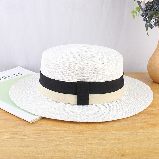  Kentucky Derby-hatt Hatter Strå Bøttehatt Stråhatt Solhatt Avslappet Ferie Strand Melbourne Cup cocktail Elegant Gammeldags stil Med Kombinasjon Trimmer Hodeplagg Hodeplagg