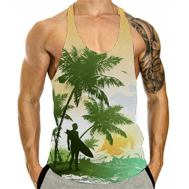  Herren Shirt Tank Top Weste Designer Klassisch Hawaiianisch Sommer Ärmellos Weiß+Schwarz Grün Hellgrün Blau Graphic Landschaft Print Rundhalsausschnitt Outdoor Täglich Bedruckt Kleidung Designer