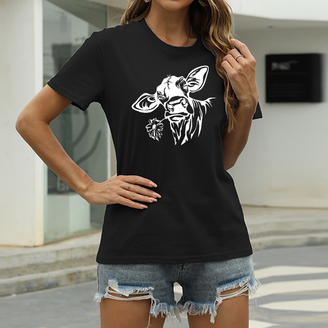  Women's Casual Going out T shirt Tee Graphic Flower Animal Short Sleeve Print Round Neck Basic Tops 100% Cotton Green White Black S