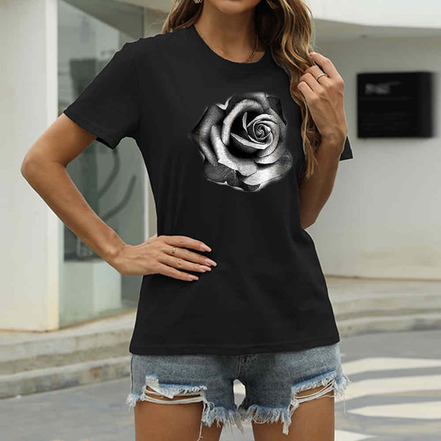  Damen Alltag Ausgehen T Shirt Graphic Blume Kurzarm Bedruckt Rundhalsausschnitt Basic Oberteile 100% Baumwolle Grün Weiß Schwarz S