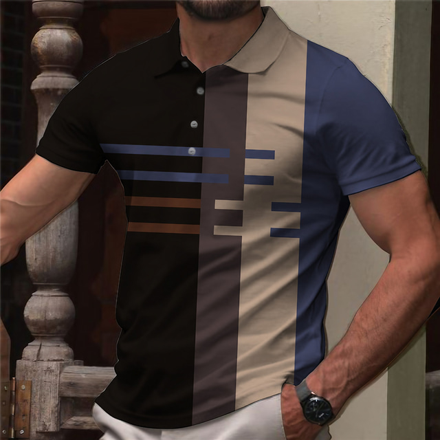  男性用 ポロシャツ ゴルフシャツ Tシャツ 3Dプリント ストライプ 折襟 カジュアル 日常 ボタンダウン プリント 半袖 トップの デザイナー カジュアル ファッション 高通気性 グリーン ブルー グレー