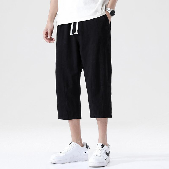  Men's Shorts Linen Shorts Summer Shorts Beach Shorts Capri Pants Drawstring Elastic Waist Plain Calf-Length Sports Outdoor Streetwear Linen / Cotton Blend Casual Lake blue Black