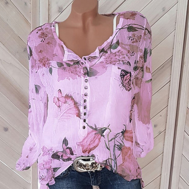  Women's Shirt Blouse Streetwear Holiday Casual Floral Buttons Print Long Sleeve Regular Tops Shirt Collar Daily Going out Weekend White Purple Orange Green Summer Spring Fall