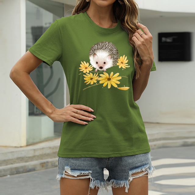  Women's Casual Going out T shirt Tee Graphic Animal Short Sleeve Print Round Neck Basic Tops 100% Cotton Green White Black S