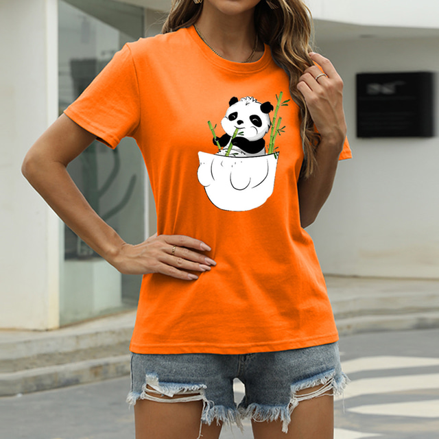  Dame Avslappet Ut på byen T skjorte Grafisk Panda Dyr Kortermet Trykt mønster Rund hals Grunnleggende Topper 100 % bomull Grønn Blå Grå S