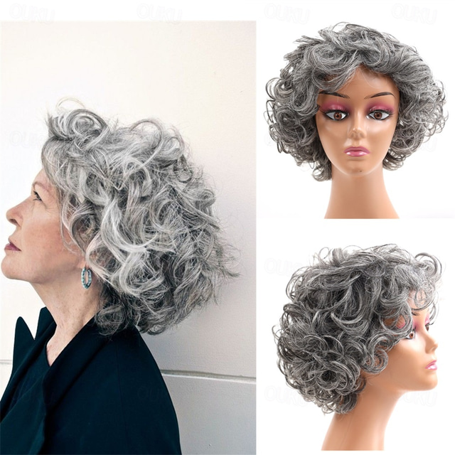  Synthetic Hair Mix Color Short Natural Wave Pixie Cute Wig For Women Heat Resistant Fiber Daily Wigs Gray Color