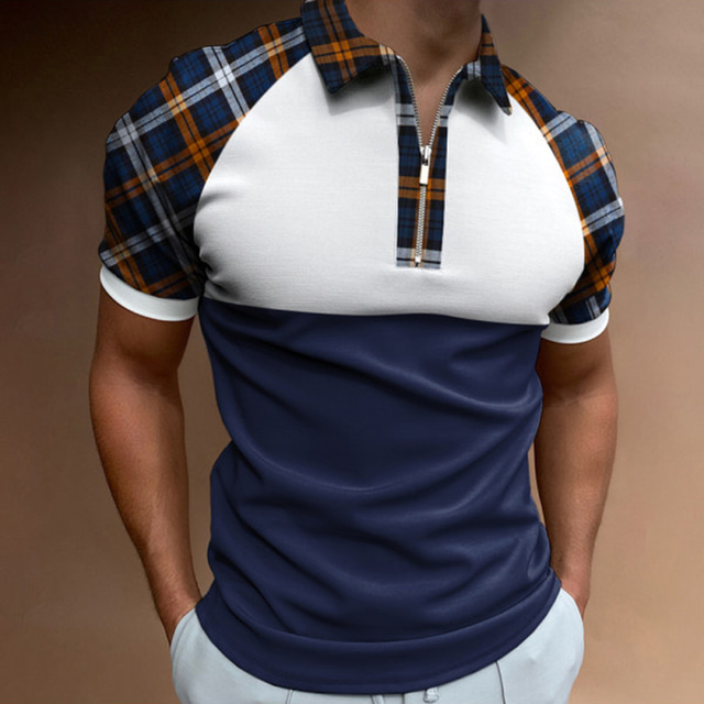  Men's Polo Shirt T shirt Tee Golf Shirt Plaid Turndown Blue Print Casual Daily Short Sleeve Zipper Print Clothing Apparel Fashion Casual Breathable Comfortable
