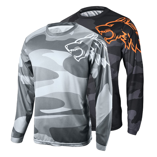  OUKU Men's Downhill Jersey Long Sleeve Mountain Bike MTB Road Bike Cycling Graphic Camo / Camouflage Wolf Shirt Black Grey Breathable Quick Dry Moisture Wicking Sports Clothing Apparel /