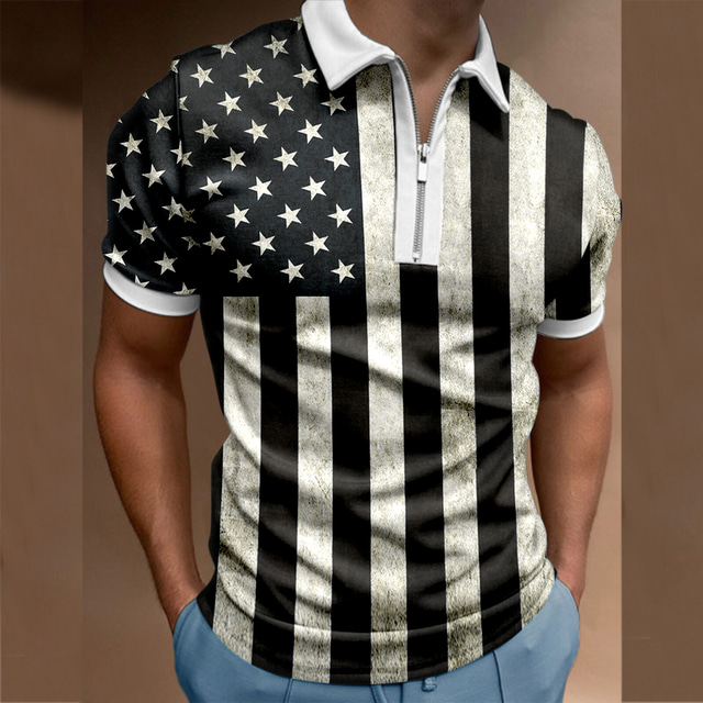  Men's Polo Shirt USA T shirt Tee Golf Shirt Flag USA Graphic Prints Turndown Going out golf shirts Short Sleeve Tops Designer Punk & Gothic Sports Wine Red / White Black / Gray