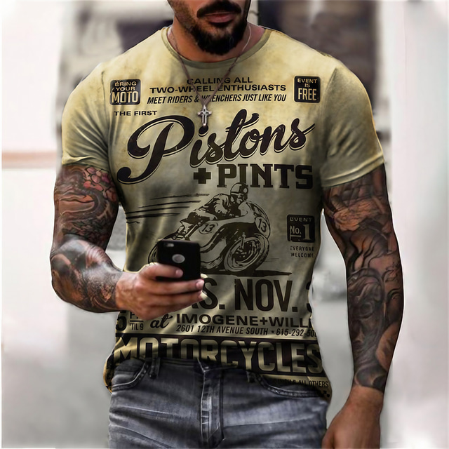  Men's T shirt Tee Vintage Fashion Designer Summer Short Sleeve Light Brown Graphic Letter Motorcycle Print Crew Neck Outdoor Casual Print Clothing Clothes Vintage Fashion Designer