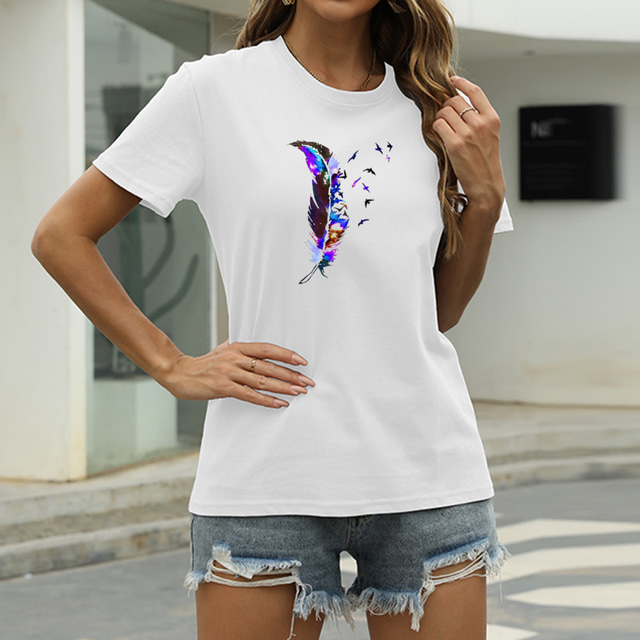  Women's T shirt Tee Graphic Feather Casual Going out T shirt Tee Short Sleeve Print Round Neck Basic Green White Black S