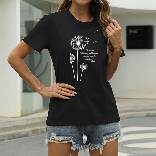  Mujer Casual Noche Camiseta Graphic Diente de león Letra Manga Corta Estampado Escote Redondo Básico Tops 100% Algodón Verde Trébol Blanco Negro S
