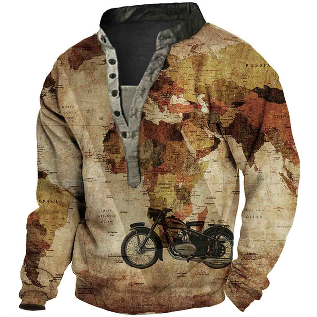  Men's Sweatshirt Pullover Print Designer Casual Streetwear Graphic Map Motorcycle Print Standing Collar Casual Daily Sports Long Sleeve Clothing Clothes Regular Fit Light Khaki.