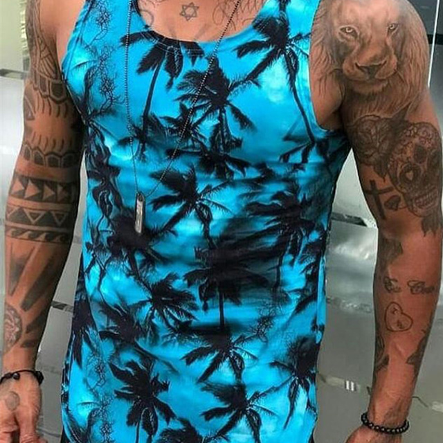  Men's Tank Top Vest Designer Classic Hawaiian Summer Sleeveless Black And White Navy-blue Blue Graphic Leaves Print Crew Neck Daily Sports Print Clothing Clothes Designer Classic Hawaiian