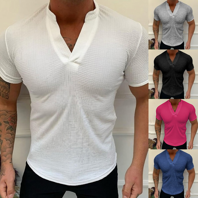 男性用 Tシャツ 純色 Ｖネック カジュアル 日常 半袖 トップの ライトウェイト ファッション 筋 大きくて背が高い グリーン ブルー ホワイト / 夏