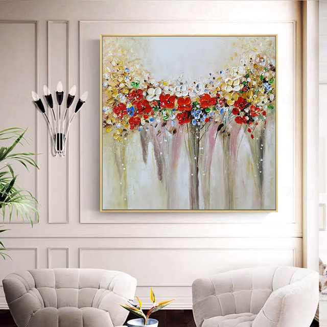  Oil Painting Hand Painted Square Still Life Floral / Botanical Modern Stretched Canvas