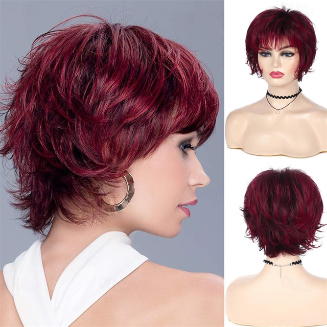  Wine Red Wig Short Layered Pixie Cut Hair Wigs for Women Synthetic Cosplay Wig with Bangs Female Wig Halloween Custome Party