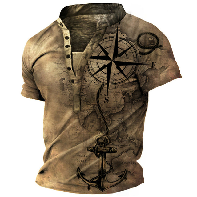  Summer Brown Compass And Anchor T shirt Tee Henley Shirt Tee Graphic Anchor Compass Stand Collar Clothing Apparel 3D Print Plus Size Outdoor Daily Short Sleeve Button-Down Print