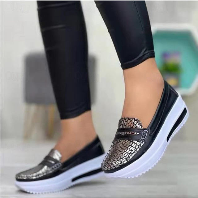 Women's Sneakers Slip-Ons Plus Size Slip-on Sneakers Solid Colored Flat Heel Sporty PU Leather Loafer Black Silver Champagne