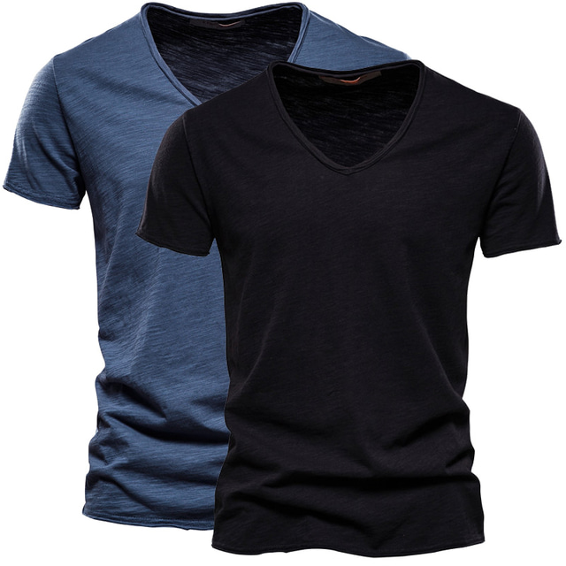  2pcs Men's T shirt Tee V Neck Short Sleeve Solid Color V Neck Daily Patchwork Clothing Clothes 2pcs Casual Sports Black / White Black+ Army Green Navy Blue + Black