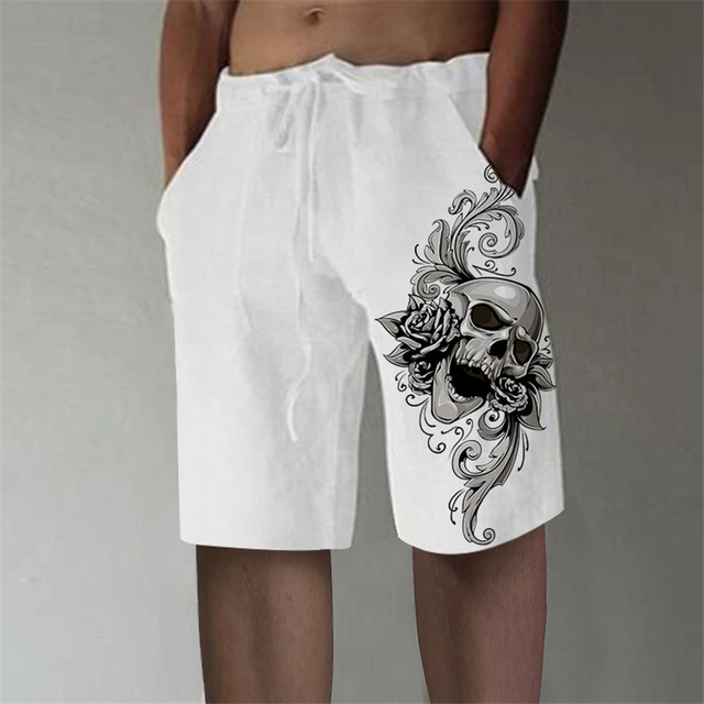  Men's Straight Shorts Elastic Waist Print Designer Stylish Casual / Sporty Sports Outdoor Daily Beach Cotton Blend Comfort Breathable Graphic Prints Skull Mid Waist Hot Stamping White M L XL