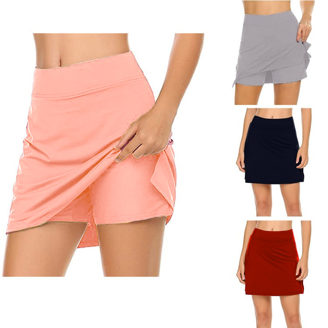  Women's Yoga Shorts Yoga Skirt Workout Shorts High Waist Spandex Gray Rosy Pink Burgundy Skort Bottoms Solid Color Tummy Control Butt Lift Quick Dry 2 in 1 Clothing Clothes Yoga Fitness Gym Workout