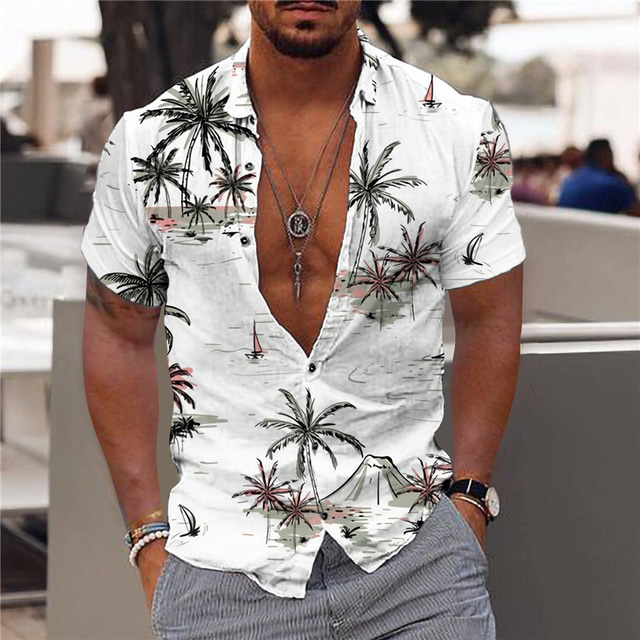  Men's Coconut Tree Aloha Tropical Plants Shirt Summer Hawaiian Shirt Short Sleeve Shirt Turndown Fashion Hawaiian Designer Outdoor Street Casual Light Pink Black-White White Print S M L